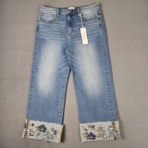 Driftwood Jeans Womens 14 Charlee Cuff Denim Floral Embroidered Blue Wide Leg